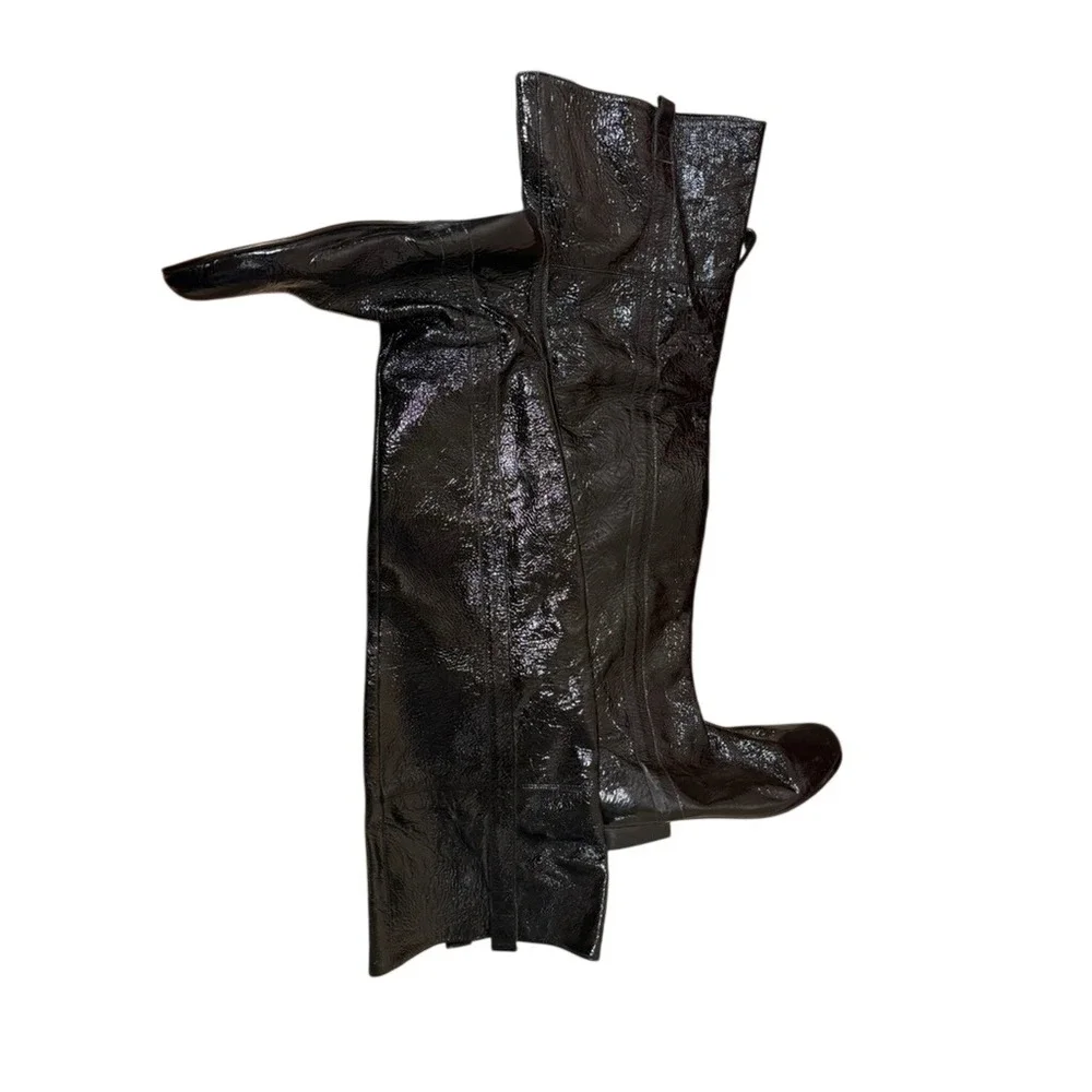 Goldenbleu Black Patent Leather Over The Knee Boots Crinkled Made in Italy 36.5